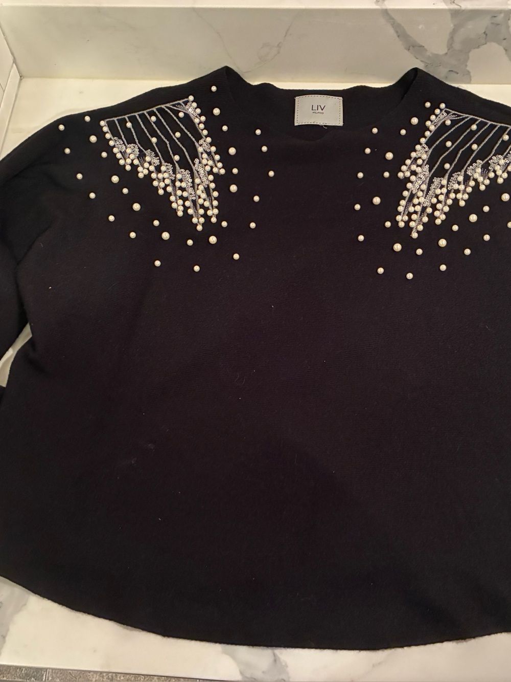 Black Embellished Pearl-Accent Sweater